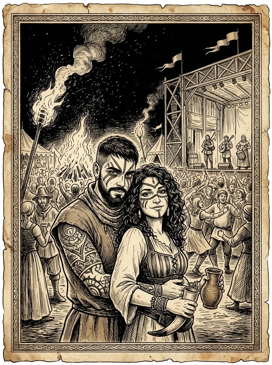 Ilustración de Alex y Alba abrazados en un festival medieval, con antorchas, una hoguera y músicos en el escenario