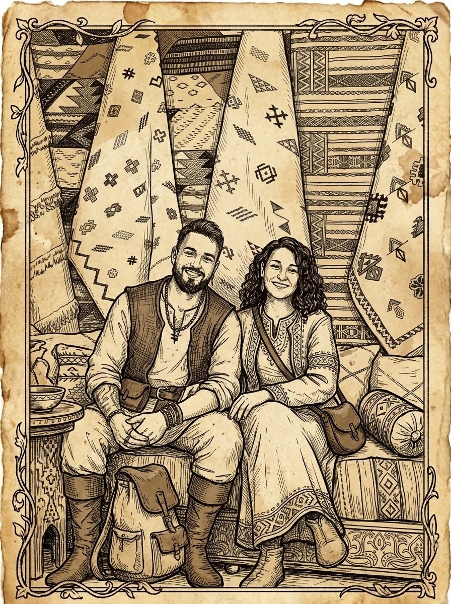 Ilustración de Alex y Alba sonrientes, sentados en una tienda de Marruecos rodeados de alfombras y cojines bereberes
