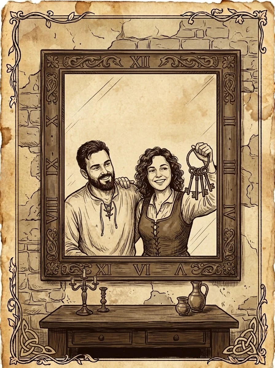 Ilustración de Alex y Alba sonrientes dentro de un gran marco, con Alba levantando las llaves de su primera casa