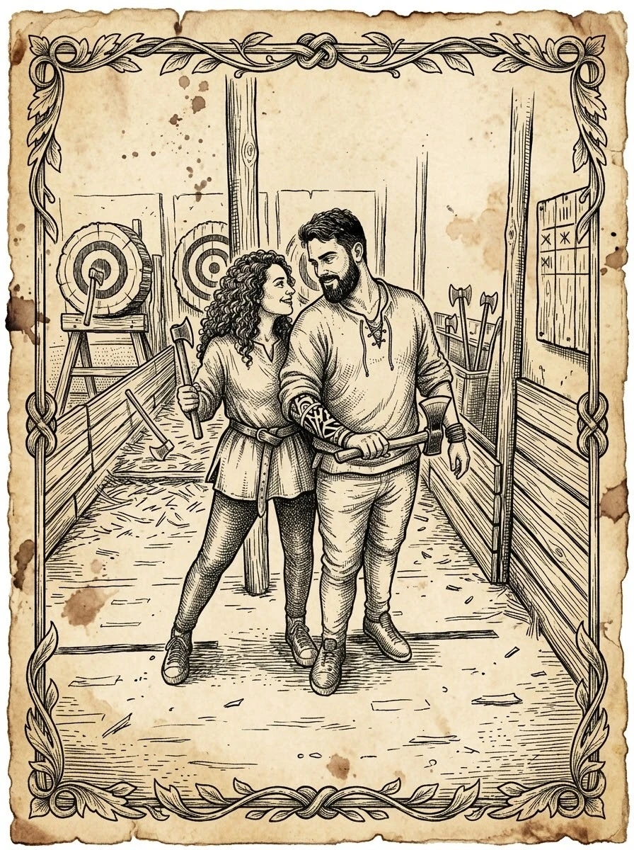 Ilustración de Alex y Alba con hachas en una galería de lanzamiento de hachas