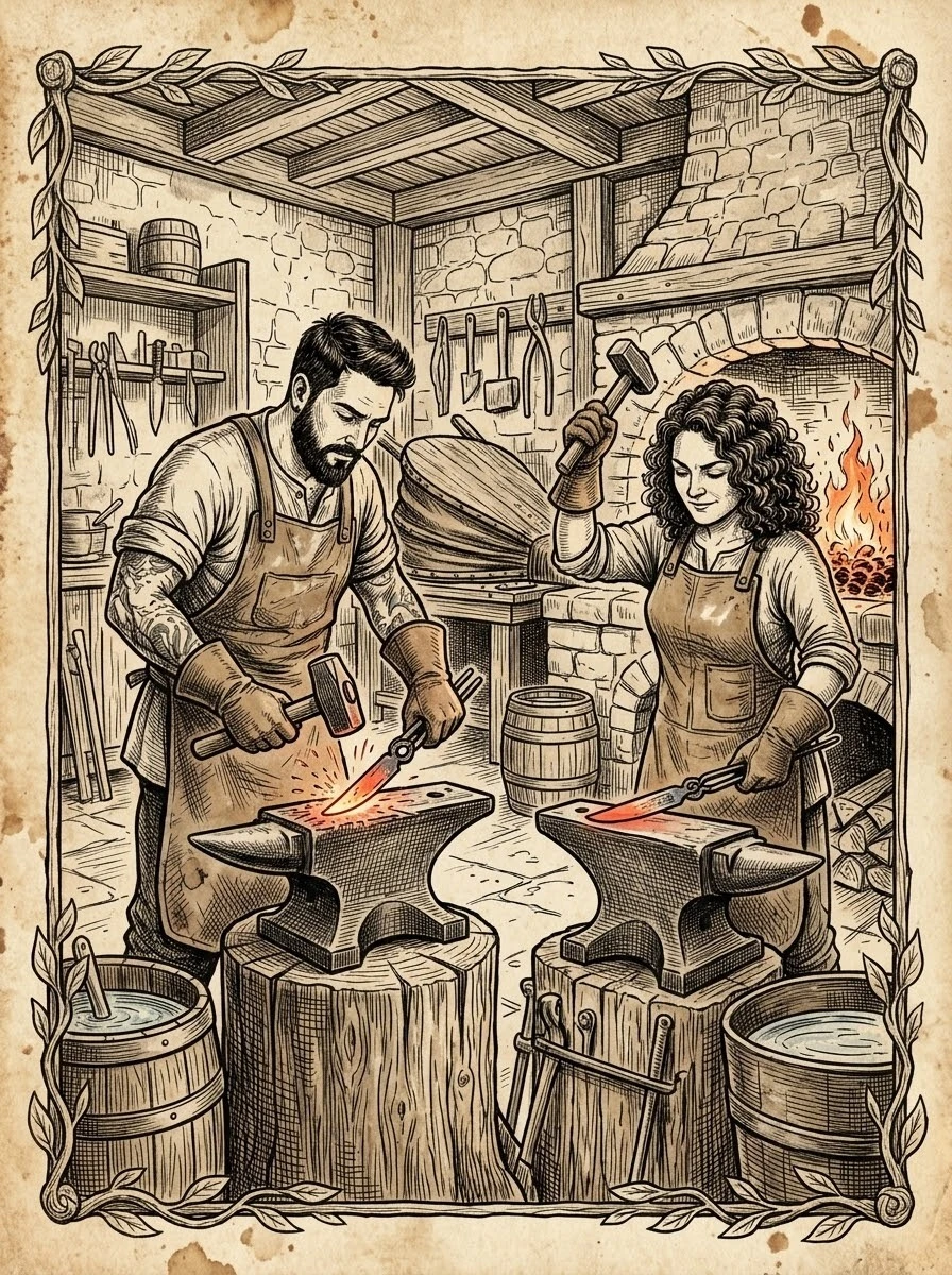 Ilustración de Alex y Alba forjando cuchillos sobre dos yunques en una herrería