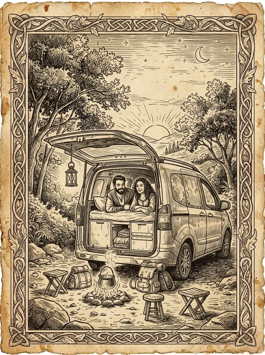 Ilustración de Alex y Alba asomados a la parte trasera de su minifurgoneta camper, con una hoguera y taburetes en un claro del bosque al atardecer