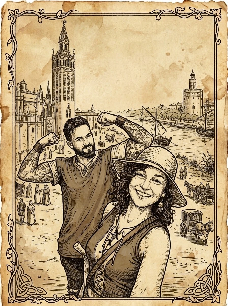 Ilustración de Alex sacando músculo y Alba sonriendo con sombrero en Sevilla, con la Giralda y la Torre del Oro de fondo