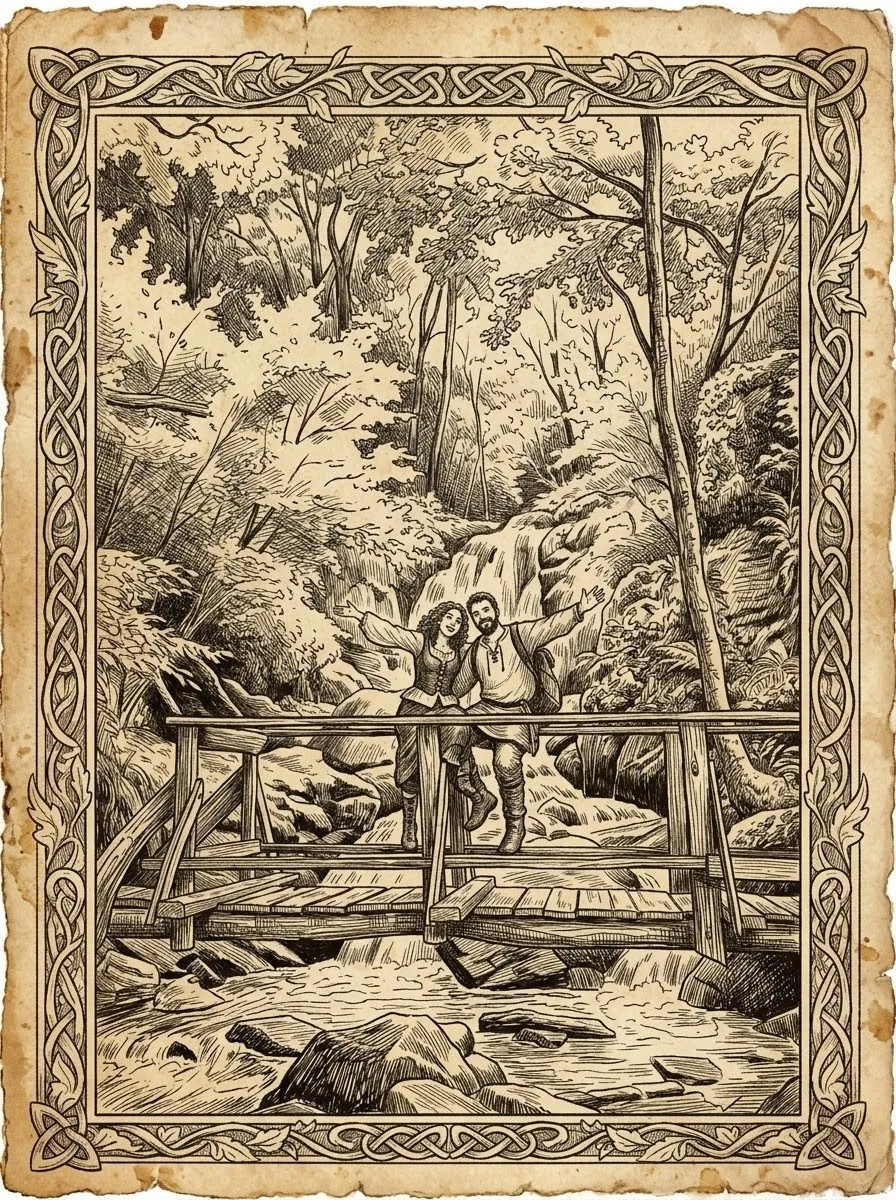 Ilustración de Alex y Alba con los brazos abiertos sobre un puente de madera en un bosque gallego con cascada