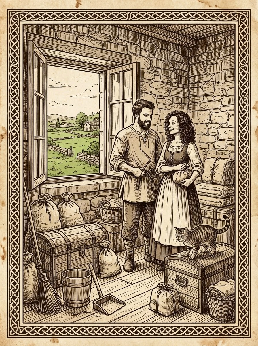 Ilustración de Alex y Alba en su casa de piedra en Galicia, entre baúles y sacos de la mudanza, con un gato y el campo verde al otro lado de la ventana