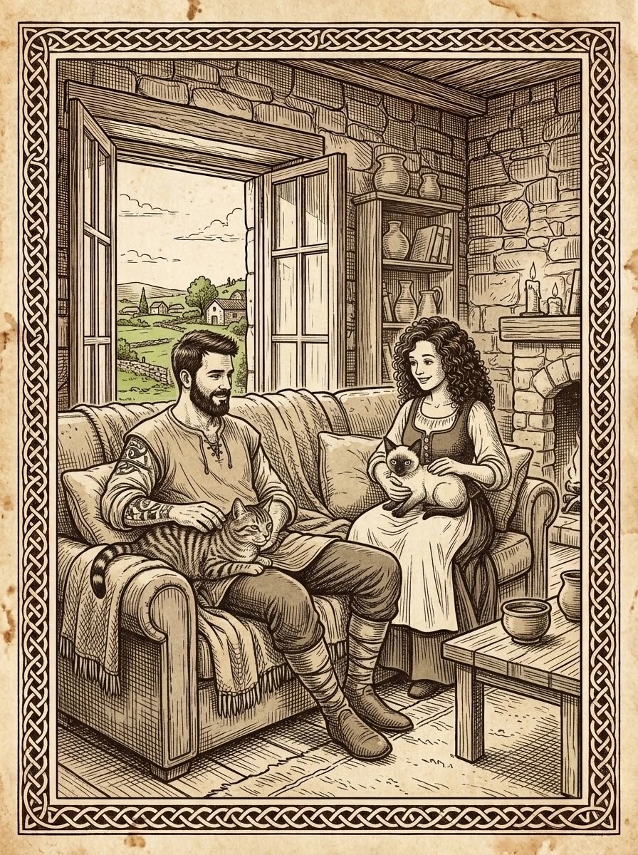 Ilustración de Alex y Alba en el sofá de su casa de piedra, cada uno con un gato en el regazo, junto a la chimenea y una ventana al campo