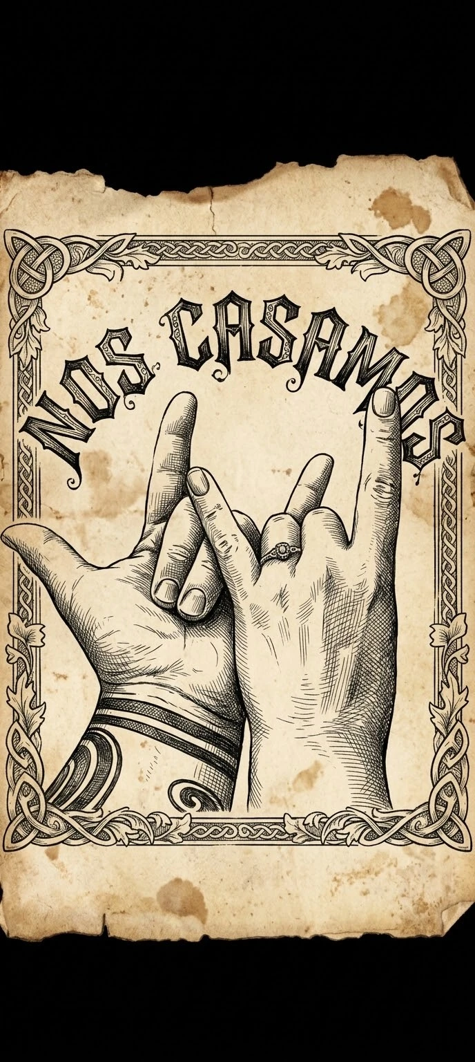 Ilustración de dos manos con los dedos entrelazados haciendo los cuernos del rock, una con anillo de compromiso, bajo el título «Nos casamos»